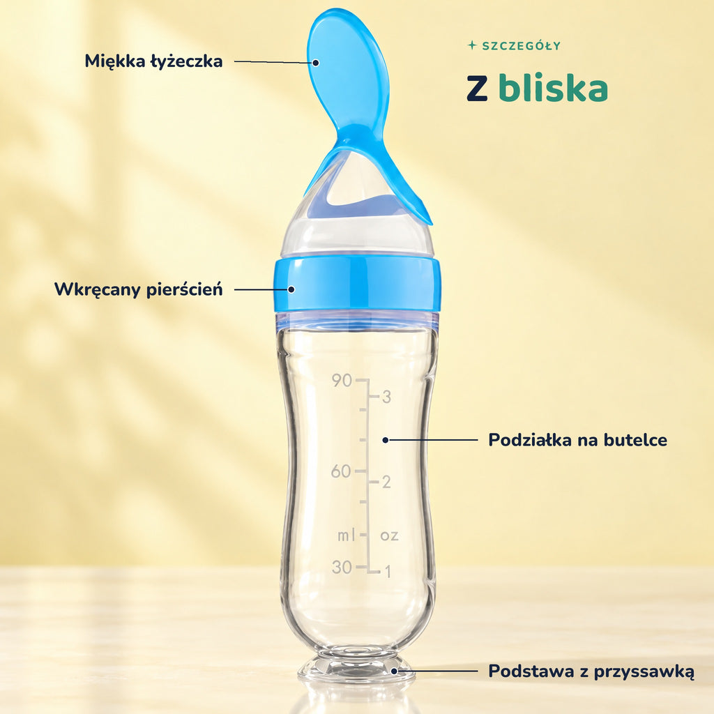 Szczegóły butelki Spoonero: miękka łyżeczka, wkręcany pierścień, podziałka na butelce i podstawa z przyssawką
