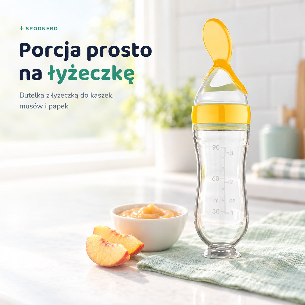 Spoonero butelka z łyżeczką do karmienia w żółtym kolorze na jasnym blacie w kuchni