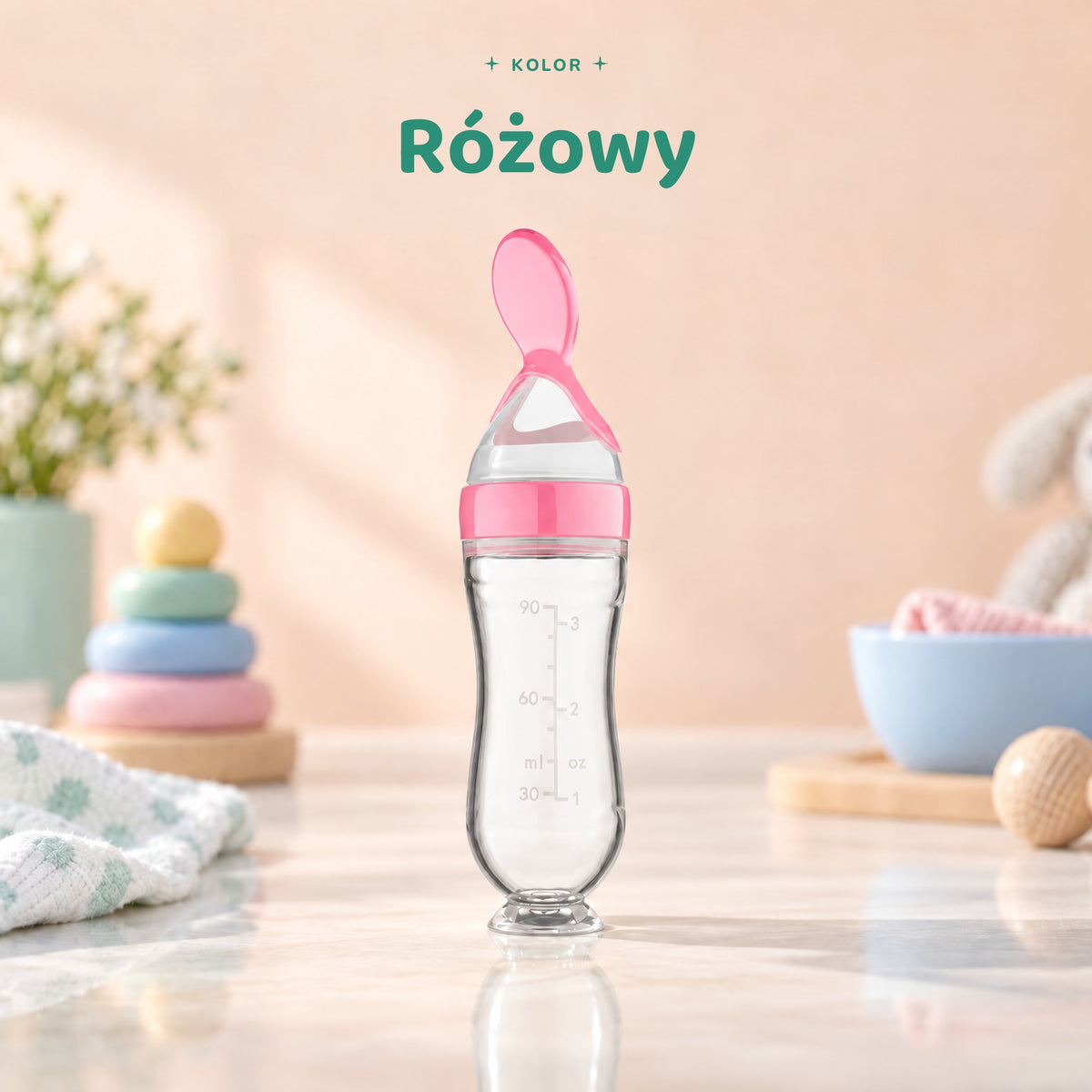 Spoonero butelka z łyżeczką, kolor różowy