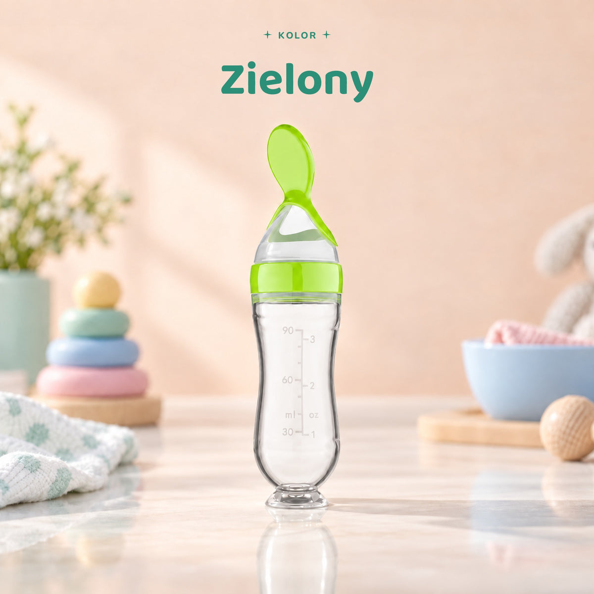 Spoonero butelka z łyżeczką, kolor zielony