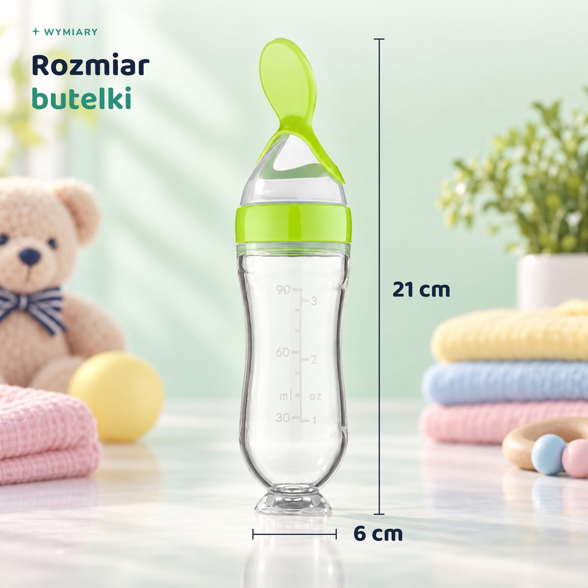 Wymiary butelki Spoonero: wysokość 21 cm, podstawa 6 cm