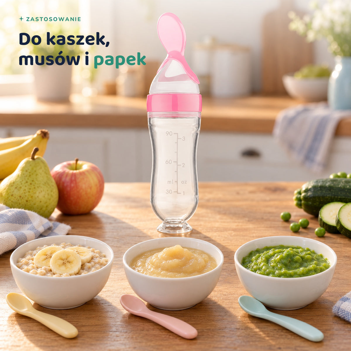 Butelka z łyżeczką Spoonero na kuchennym stole obok misek z kaszką, musem jabłkowym i papką z groszku