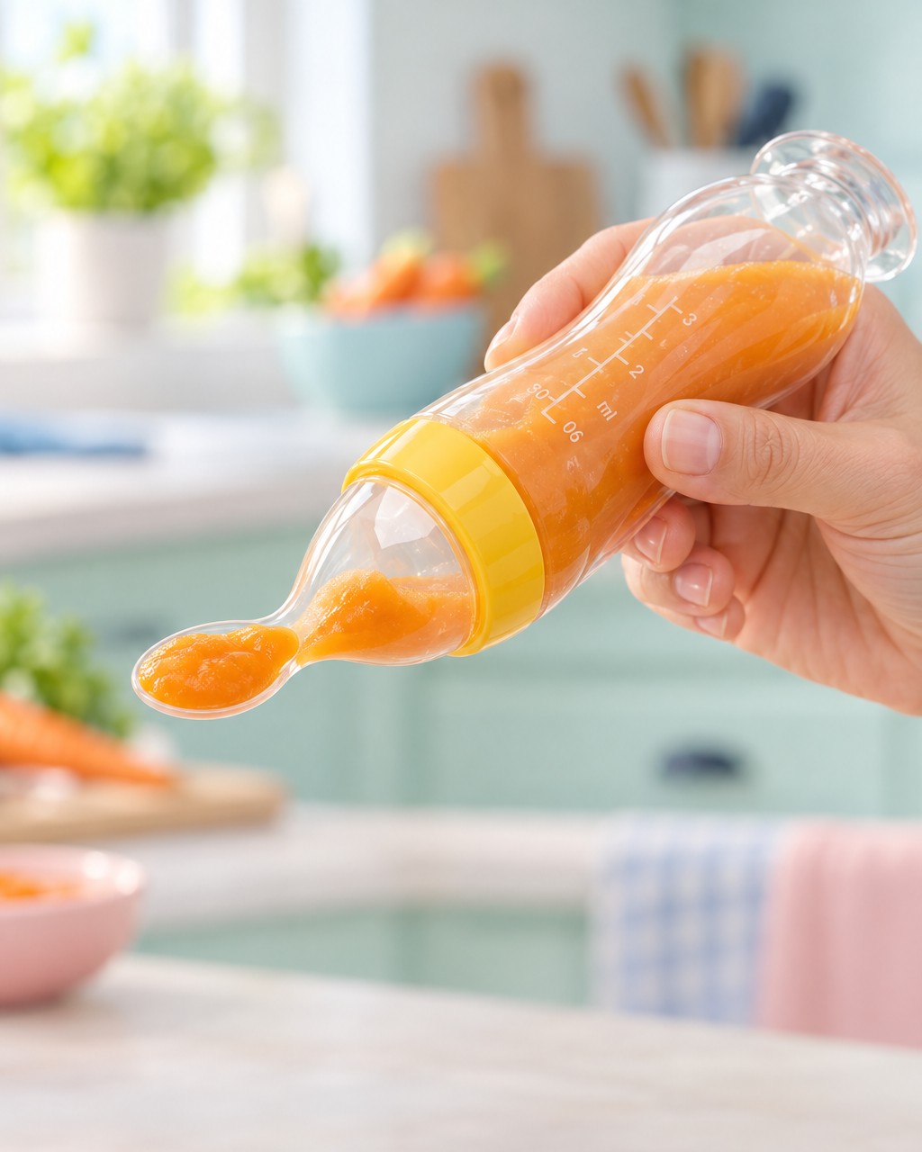Dłoń trzyma butelkę z łyżeczką Spoonero, na łyżeczce jest marchewkowa papka